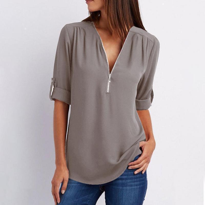 V Neck Zipper Patchwork Plain Blouses - Image 2
