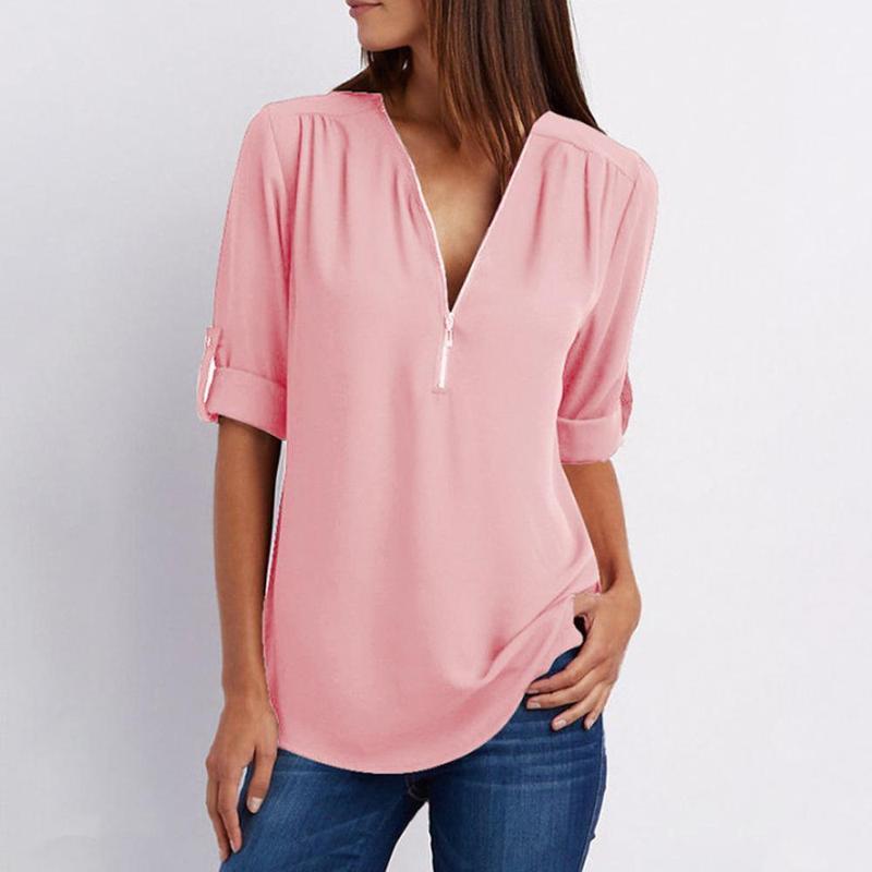 V Neck Zipper Patchwork Plain Blouses - Image 3