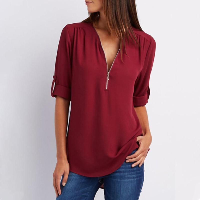 V Neck Zipper Patchwork Plain Blouses - Image 4