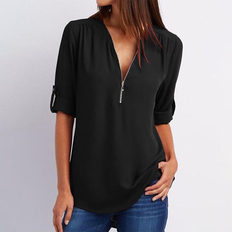 V Neck Zipper Patchwork Plain Blouses - Image 5
