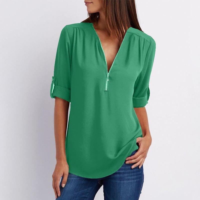 V Neck Zipper Patchwork Plain Blouses - Image 6