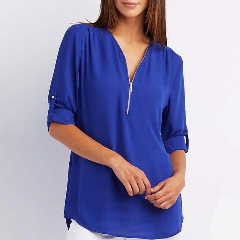 V Neck Zipper Patchwork Plain Blouses - Image 7