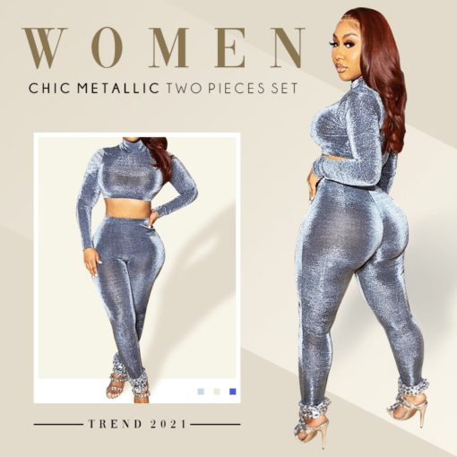 Moteriškas „Chic Metallic“ dviejų dalių rinkinys, „Chic Metallic“ dviejų dalių rinkinys, „Metalic Two Piece Set“, „Two Piece Set“, „Women Chic Metallic“