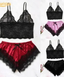 Women Sexy Lace See Through Sleepwear Set