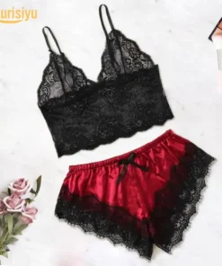 Women Sexy Lace See Through Sleepwear Set