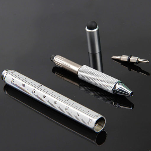 6 viename daugiafunkcis metalinis rašiklis su liniuote su lygiu ir atsuktuvu