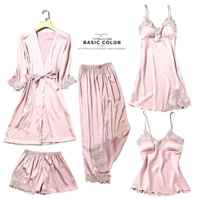 Blushy Silk 5 Piece Pajama Set