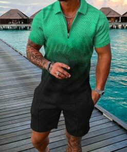 Men’s Water Green Color Printed Polo Suit