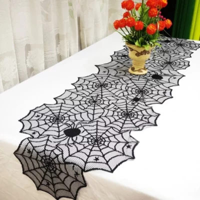 Black Lace Spiderweb Table Runner For Halloween