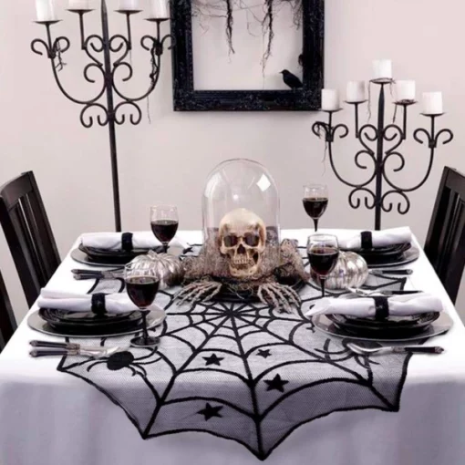 Sort Lace Spiderweb Bordløber til Halloween