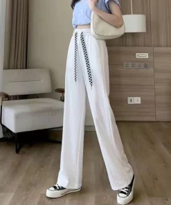 Ice Silk Checkered Wide Leg Pants