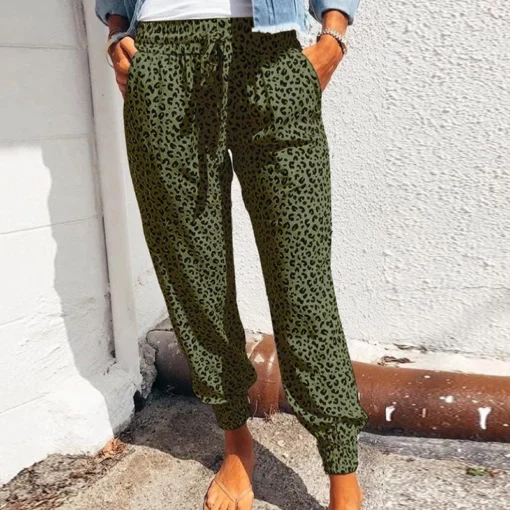Pantalón casual para muller con cordón estampado de leopardo