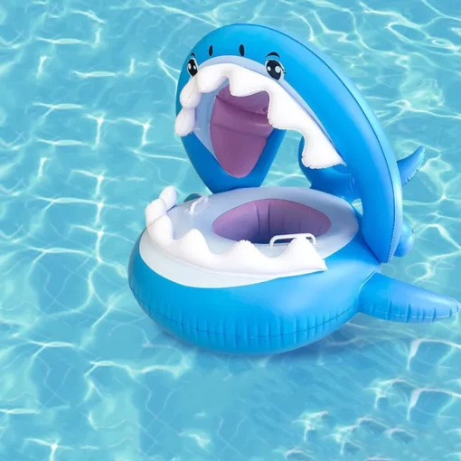 Inflatable Swimming Nplhaib Rau Cov Me Nyuam Nrog Awning Shark Rooj