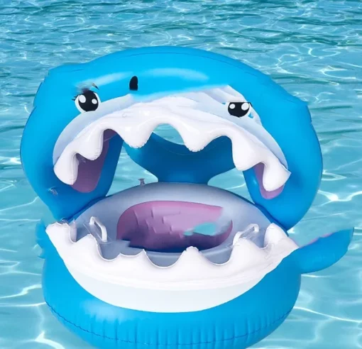 Anel de natação inflável para crianças com assento de tubarão toldo