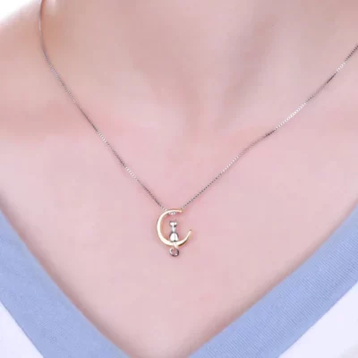 Cat & Moon Pendant Necklace Jewelry