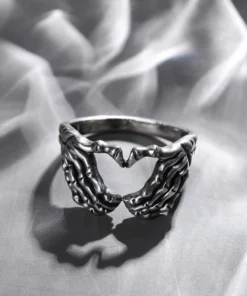 Realistic Silver Skull Hand Heart Ring