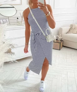 Casual Sleeveless Striped Midi Dresses