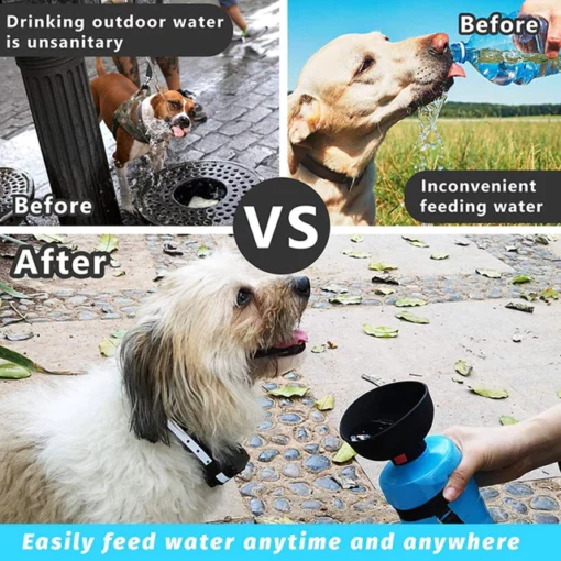 Botella de auga para cans ao aire libre con tapa plegable