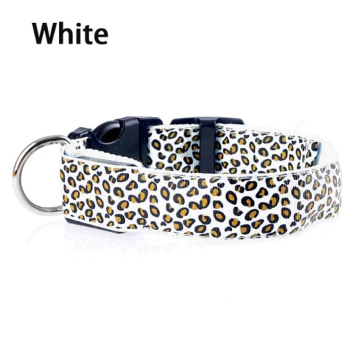 Collar cù leopard nylon sàbhailteachd LED a ghabhas atharrachadh