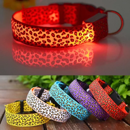 Justerbar LED sikkerhetsnylon leopard hundehalsbånd