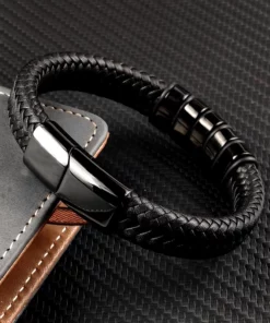 Men's Leather Bracelet with Custom Silver Beads