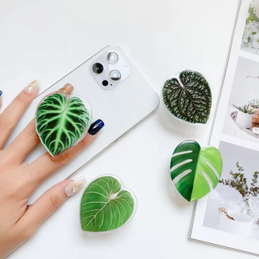Simpatico supporto per smartphone con foglie verdi