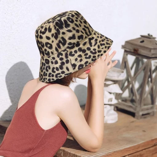 Sombrero de pescador reversible unisex con estampado de leopardo