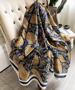 Blue Silk Scarf With Flowers For Women