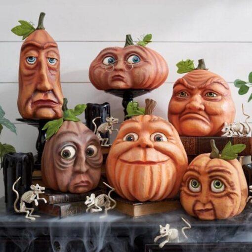 Výrazná halloweenska dekorácia s tekvicovými tvárami