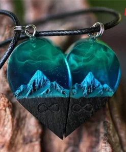 Wood Resin Paired Heart Pendants Mountains