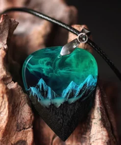 Wood Resin Paired Heart Pendants Mountains