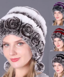 Lady Warm Flowers Striped Real Rex Rabbit Fur Hats