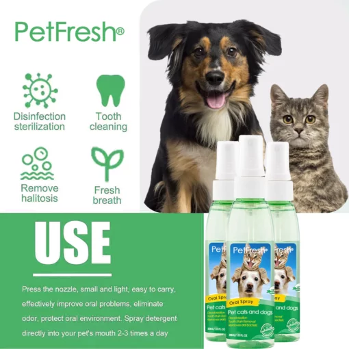 Spray de nettoyage des dents PetFresh® pour chiens et chats, élimine la mauvaise haleine, cible le tartre et la plaque, sans brossage