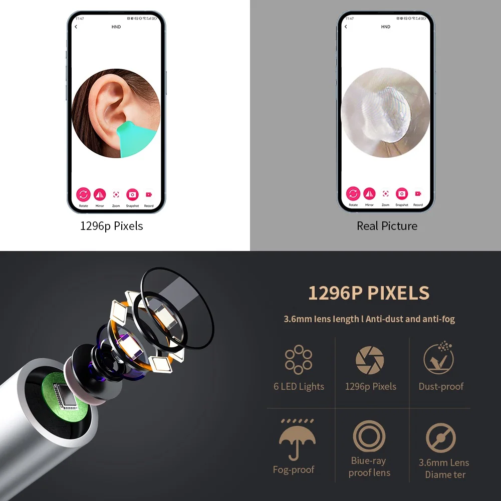 Smart Visual Ear Cleaner with Camera 1296P Ear Sticks USB C Charging Ear Wax Removal Tool WIFI Connection 6 LED Lights Earpick - Image 6