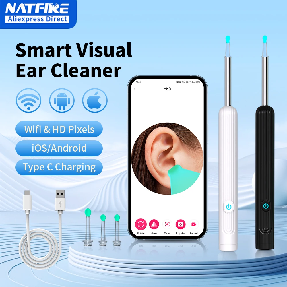 Smart Visual Ear Cleaner with Camera 1296P Ear Sticks USB C Charging Ear Wax Removal Tool WIFI Connection 6 LED Lights Earpick - Image 7
