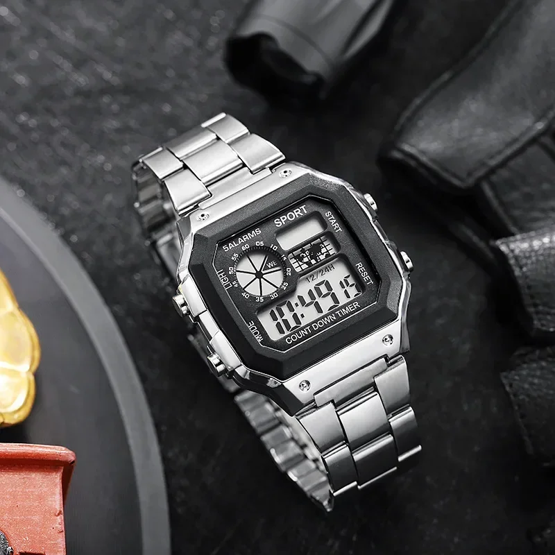 YIKAZE Luxury Stainless Steel Strap Sport Watches Men Military Digital Watches Waterproof Clock LED Men's Sport Wristwatch